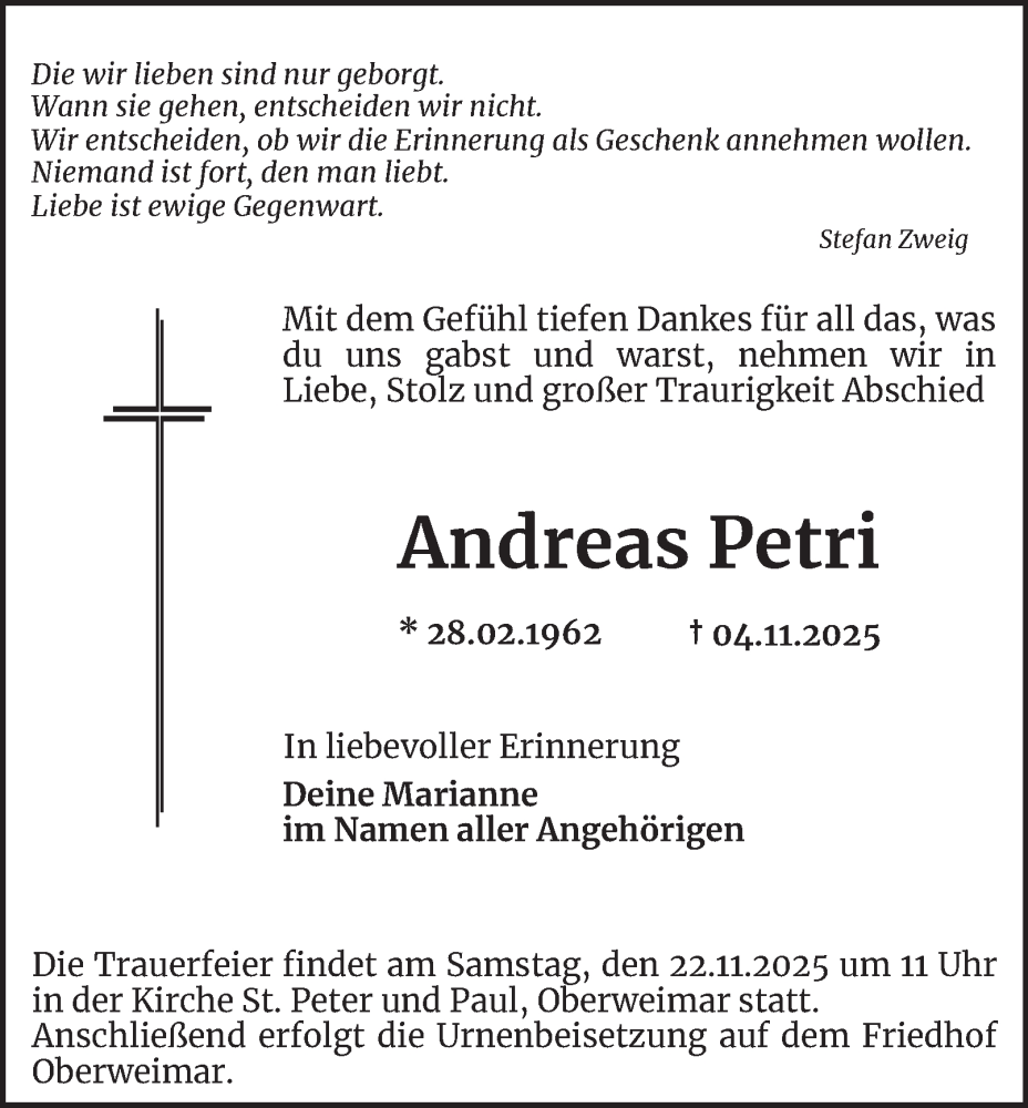  Traueranzeige für Andreas Petri vom 15.11.2025 aus Thüringer Allgemeine, Thüringische Landeszeitung