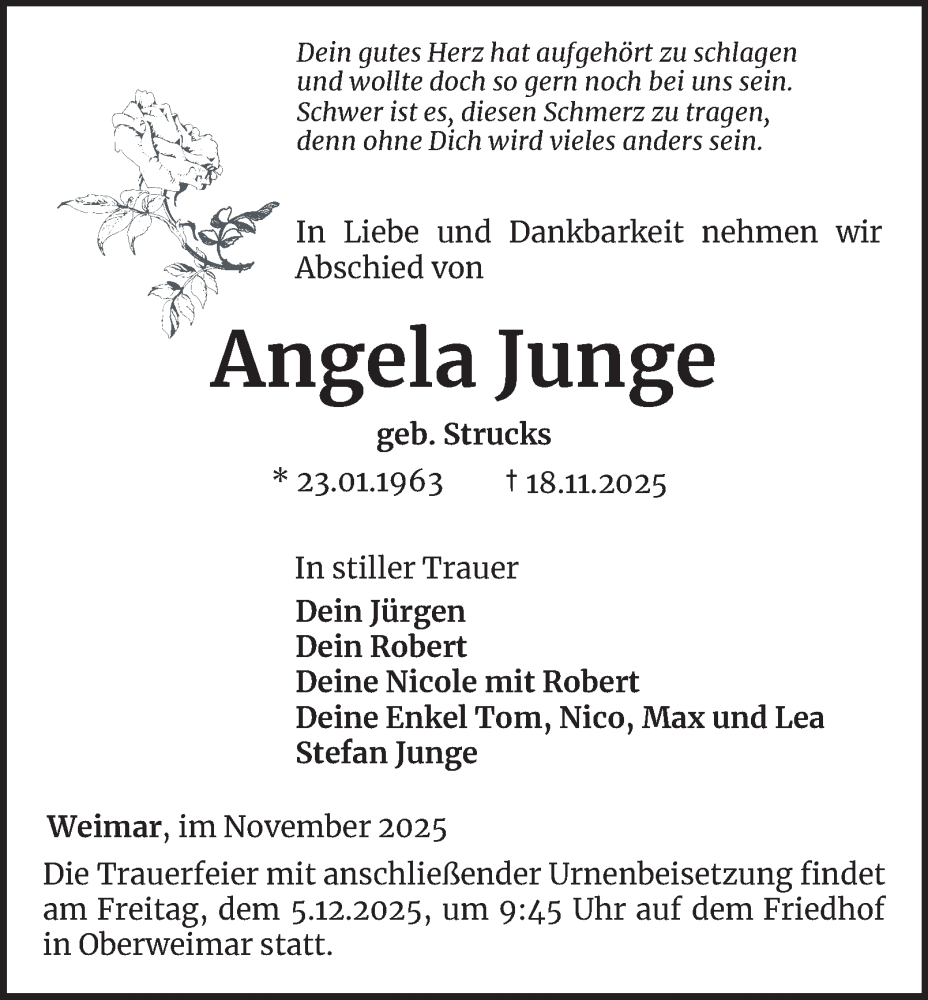  Traueranzeige für Angela Junge vom 22.11.2025 aus Thüringer Allgemeine, Thüringische Landeszeitung
