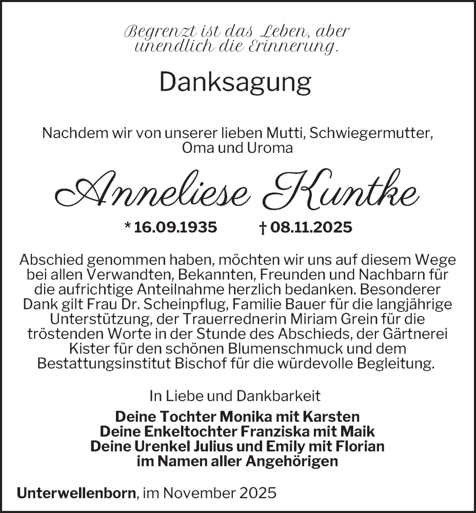  Traueranzeige für Anneliese Kuntke vom 29.11.2025 aus Ostthüringer Zeitung