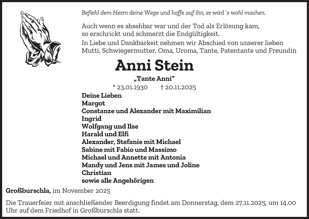  Traueranzeige für Anni Stein vom 25.11.2025 aus Thüringer Allgemeine, Thüringische Landeszeitung