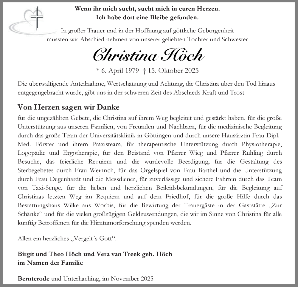  Traueranzeige für Christina Höch vom 08.11.2025 aus Thüringer Allgemeine