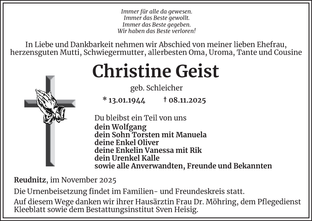  Traueranzeige für Christine Geist vom 14.11.2025 aus Ostthüringer Zeitung