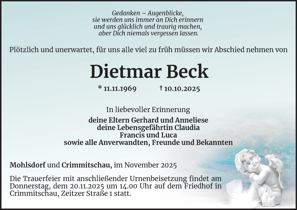  Traueranzeige für Dietmar Beck vom 14.11.2025 aus Ostthüringer Zeitung