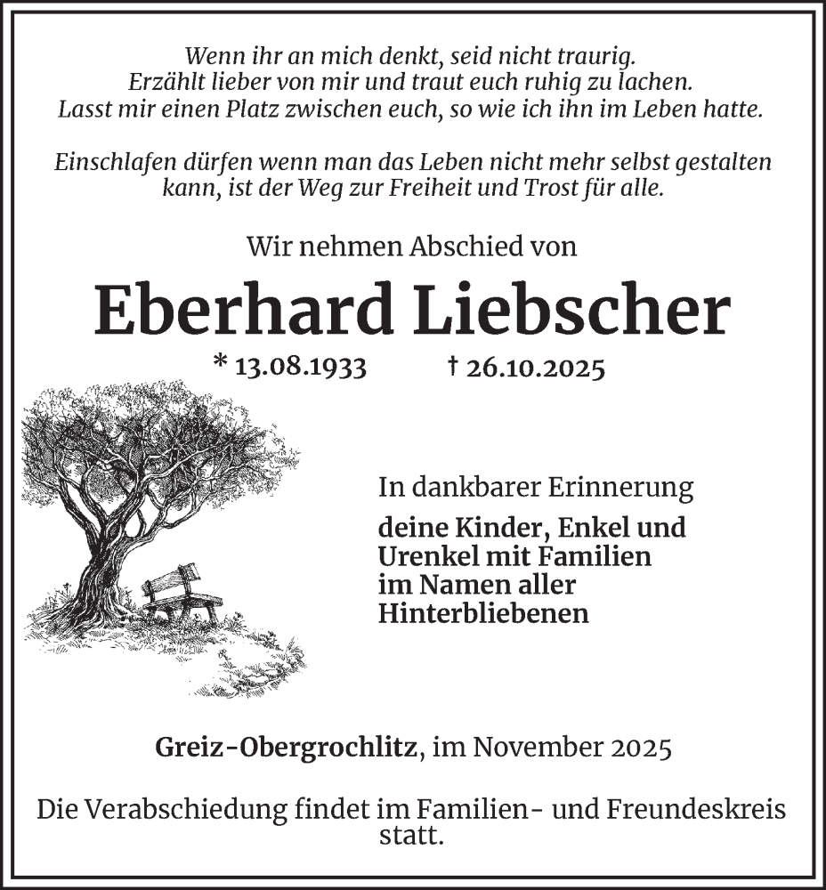  Traueranzeige für Eberhard Liebscher vom 07.11.2025 aus Ostthüringer Zeitung