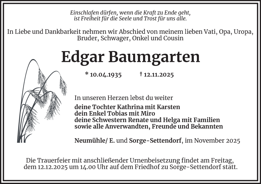 Traueranzeige für Edgar Baumgarten vom 28.11.2025 aus Ostthüringer Zeitung