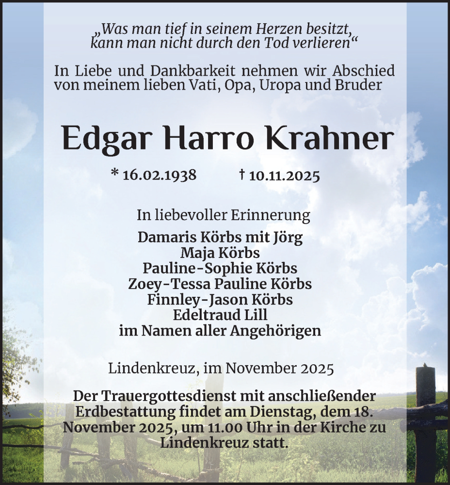  Traueranzeige für Edgar Harro Krahner vom 15.11.2025 aus Ostthüringer Zeitung