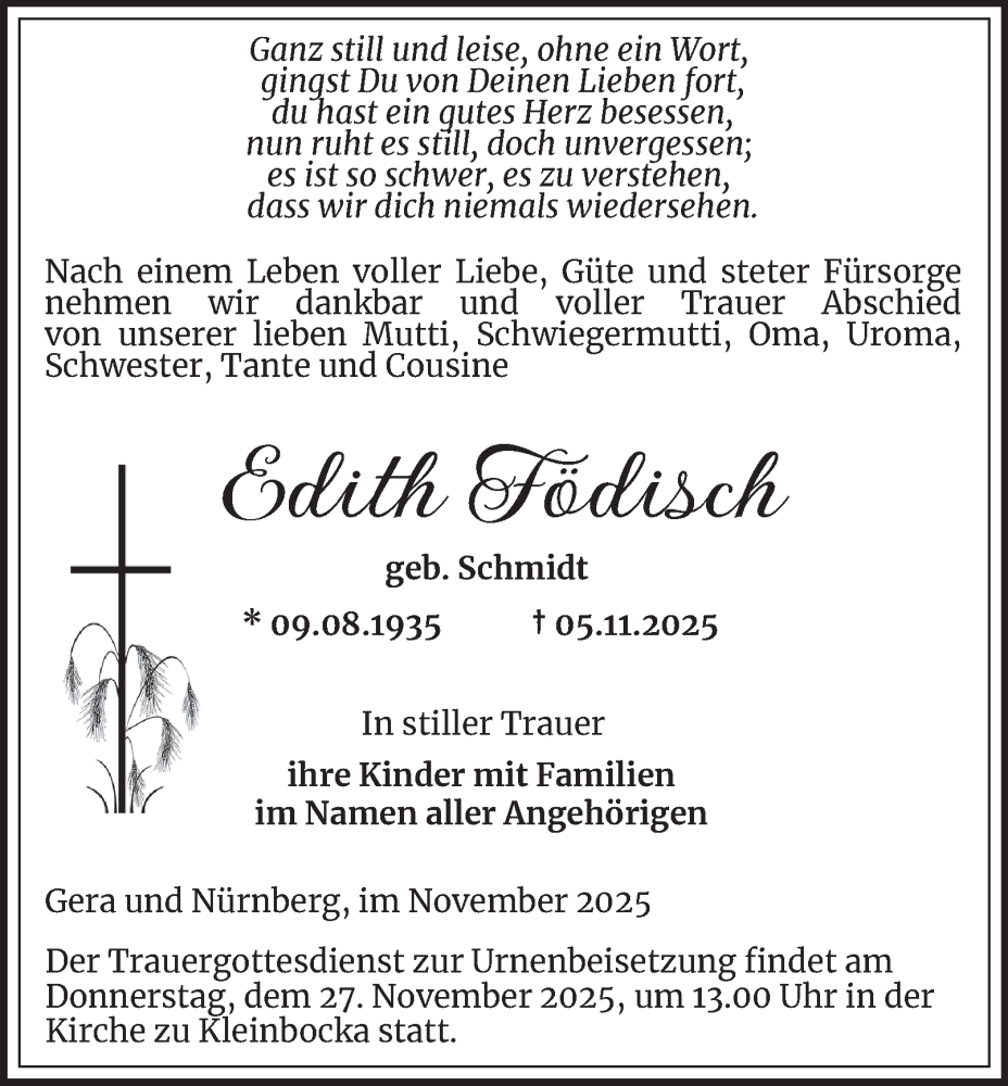  Traueranzeige für Edith Födisch vom 22.11.2025 aus Ostthüringer Zeitung