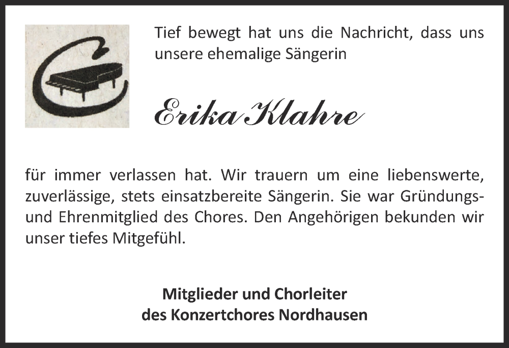  Traueranzeige für Erika Klahre vom 22.11.2025 aus Thüringer Allgemeine