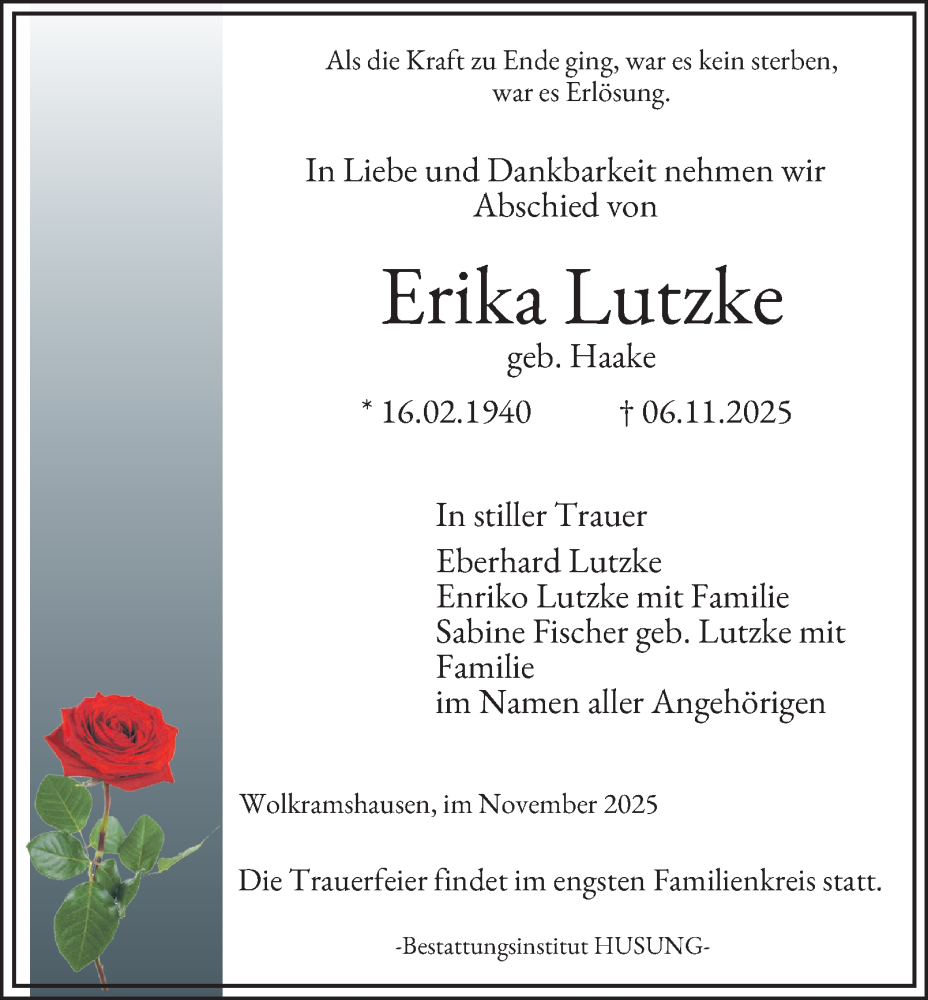  Traueranzeige für Erika Lutzke vom 22.11.2025 aus Thüringer Allgemeine