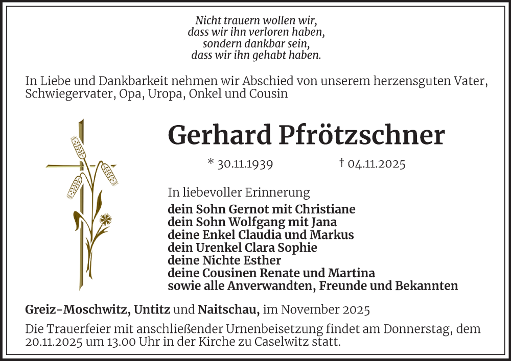  Traueranzeige für Gerhard Pfrötzschner vom 08.11.2025 aus Ostthüringer Zeitung