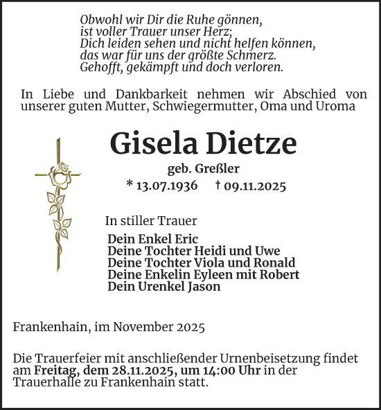 Traueranzeige von Gisela Dietze von Thüringer Allgemeine