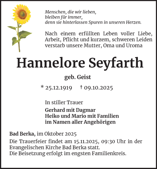 Traueranzeige von Hannelore Seyfarth von Thüringer Allgemeine, Thüringische Landeszeitung