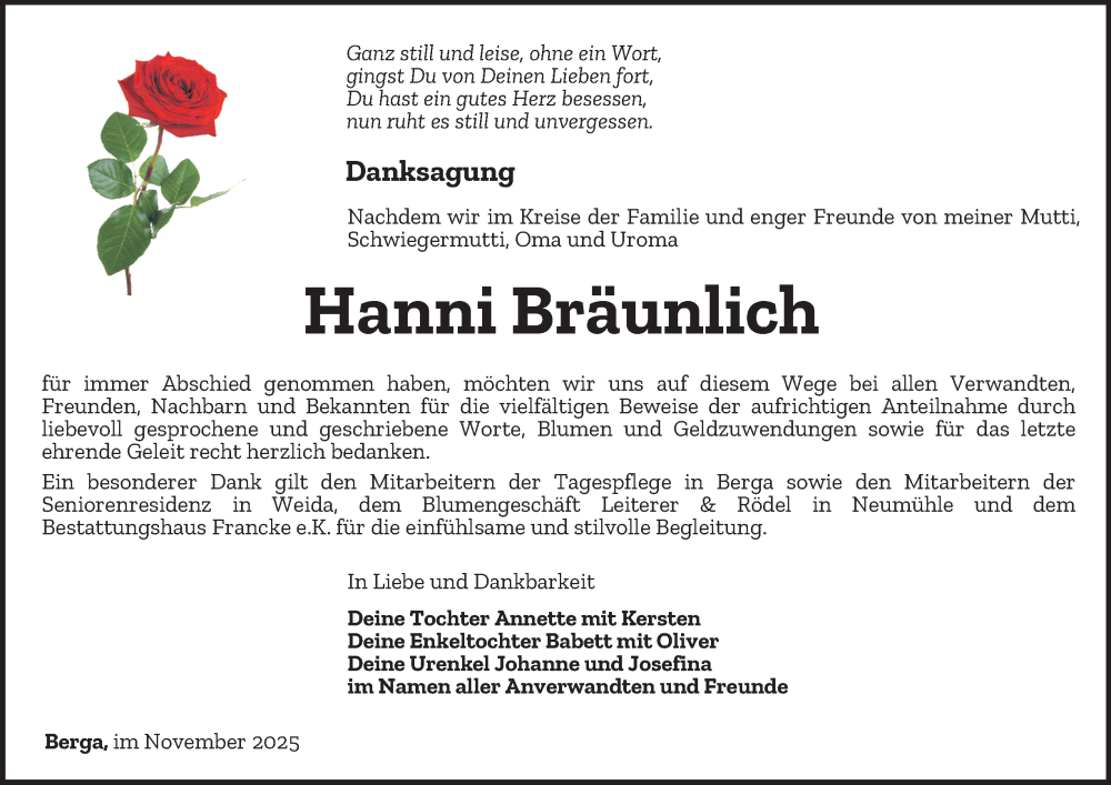  Traueranzeige für Hanni Bräunlich vom 01.11.2025 aus Ostthüringer Zeitung