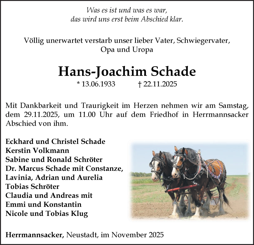  Traueranzeige für Hans-Joachim Schade vom 26.11.2025 aus Thüringer Allgemeine