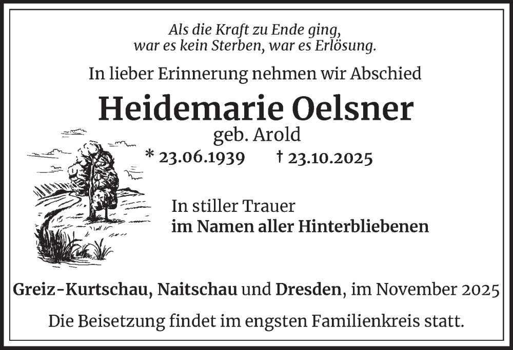  Traueranzeige für Heidemarie Oelsner vom 07.11.2025 aus Ostthüringer Zeitung