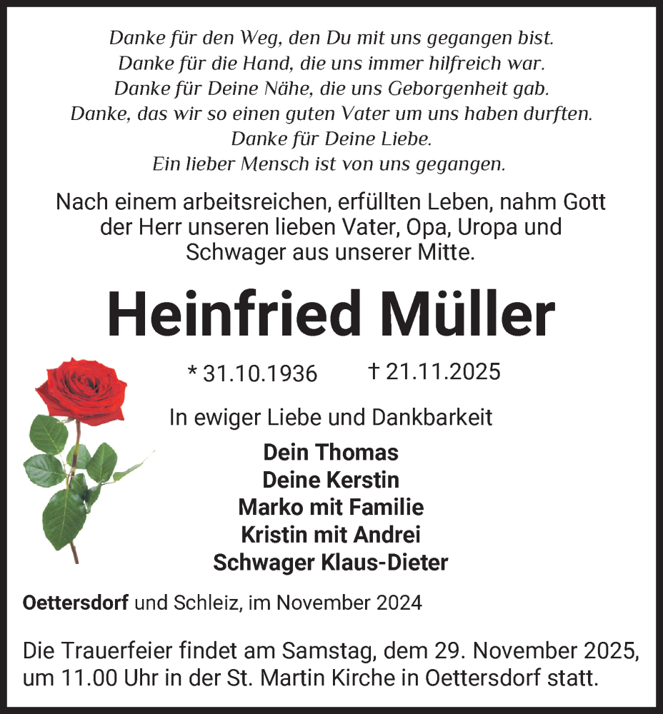  Traueranzeige für Heinfried Müller vom 28.11.2025 aus Ostthüringer Zeitung