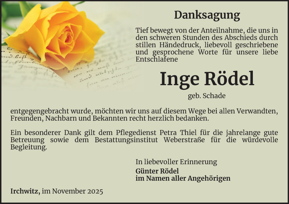  Traueranzeige für Inge Rödel vom 14.11.2025 aus Ostthüringer Zeitung