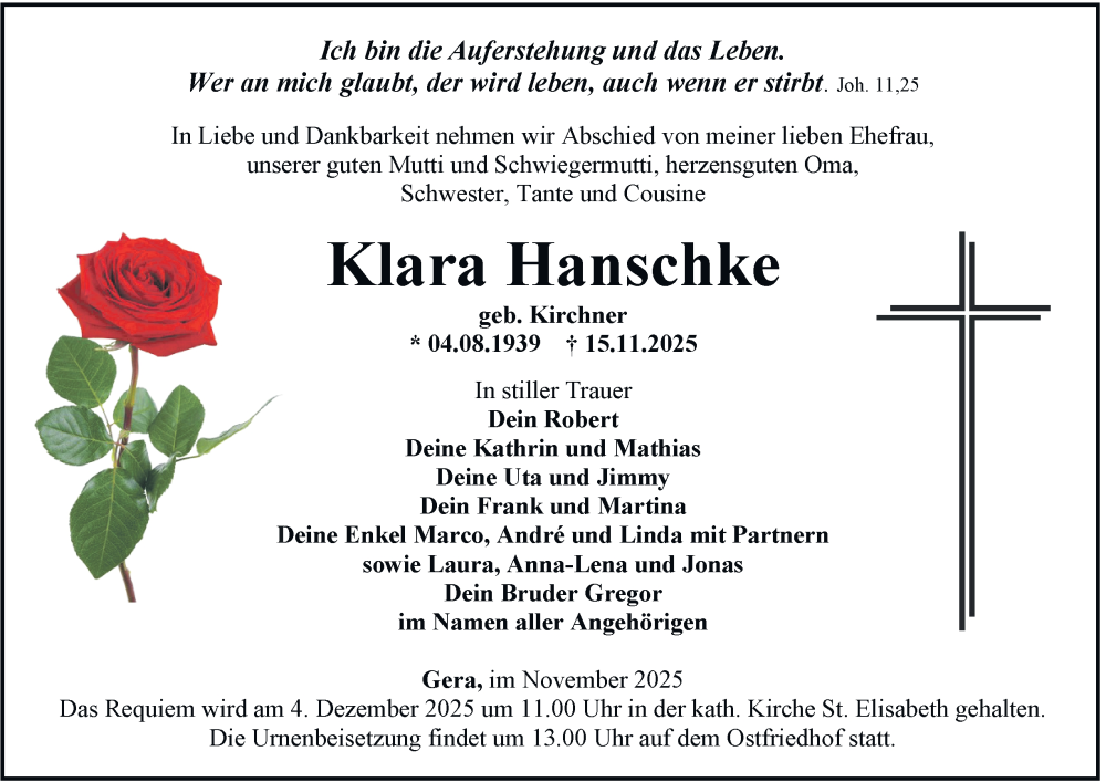  Traueranzeige für Klara Hanschke vom 22.11.2025 aus Ostthüringer Zeitung