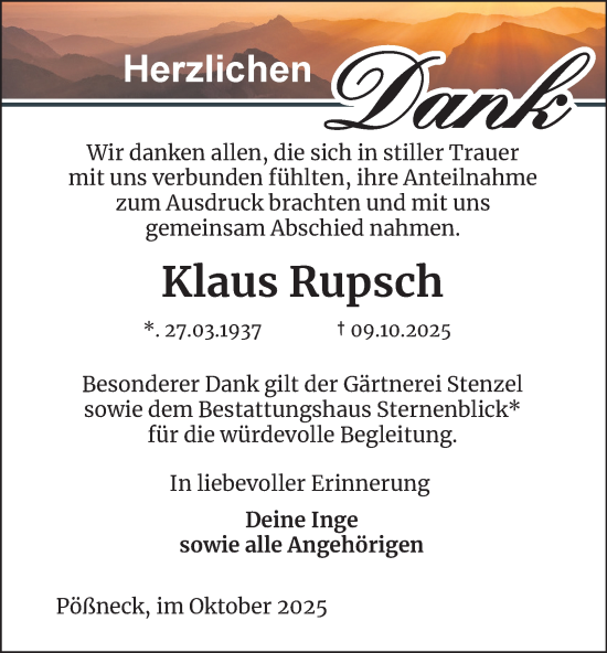 Traueranzeige von Klaus Rupsch von Ostthüringer Zeitung