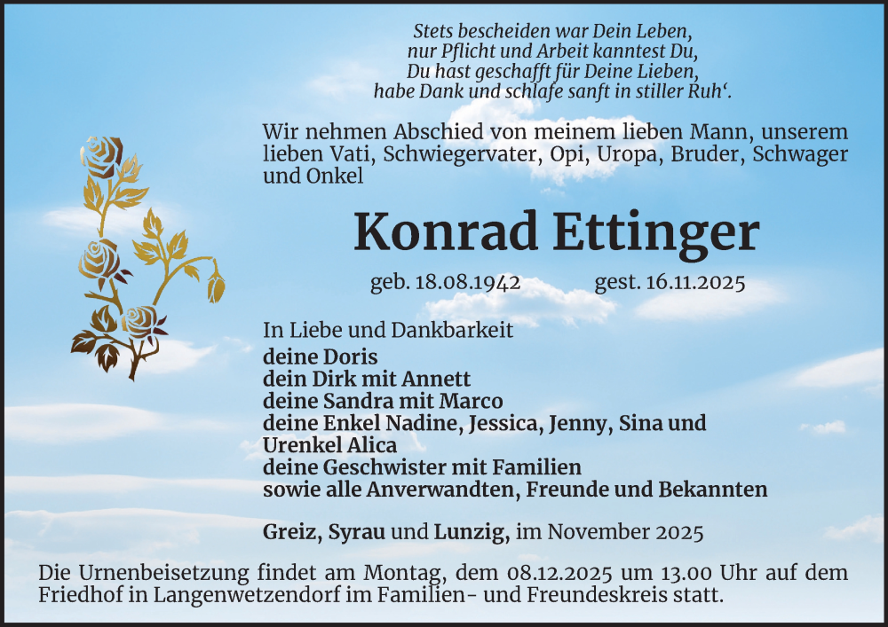  Traueranzeige für Konrad Ettinger vom 28.11.2025 aus Ostthüringer Zeitung