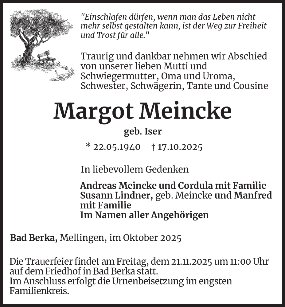  Traueranzeige für Margot Meincke vom 15.11.2025 aus Thüringer Allgemeine, Thüringische Landeszeitung