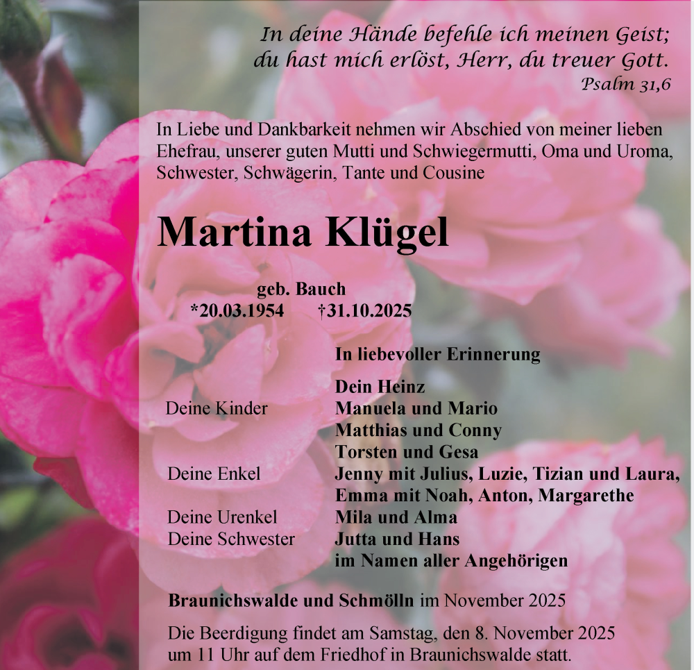  Traueranzeige für Martina Klügel vom 07.11.2025 aus Ostthüringer Zeitung