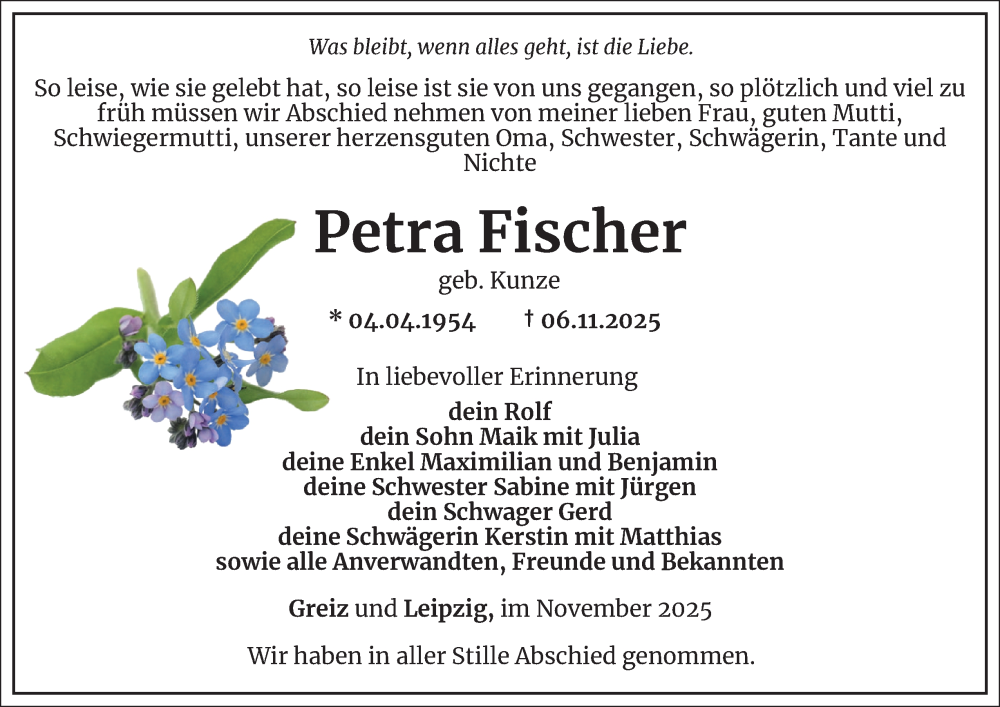  Traueranzeige für Petra Fischer vom 14.11.2025 aus Ostthüringer Zeitung