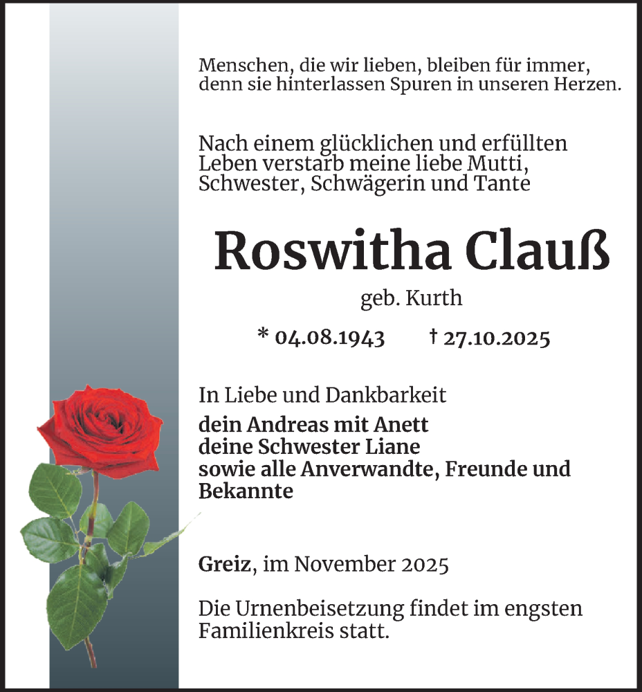  Traueranzeige für Roswitha Clauß vom 07.11.2025 aus Ostthüringer Zeitung