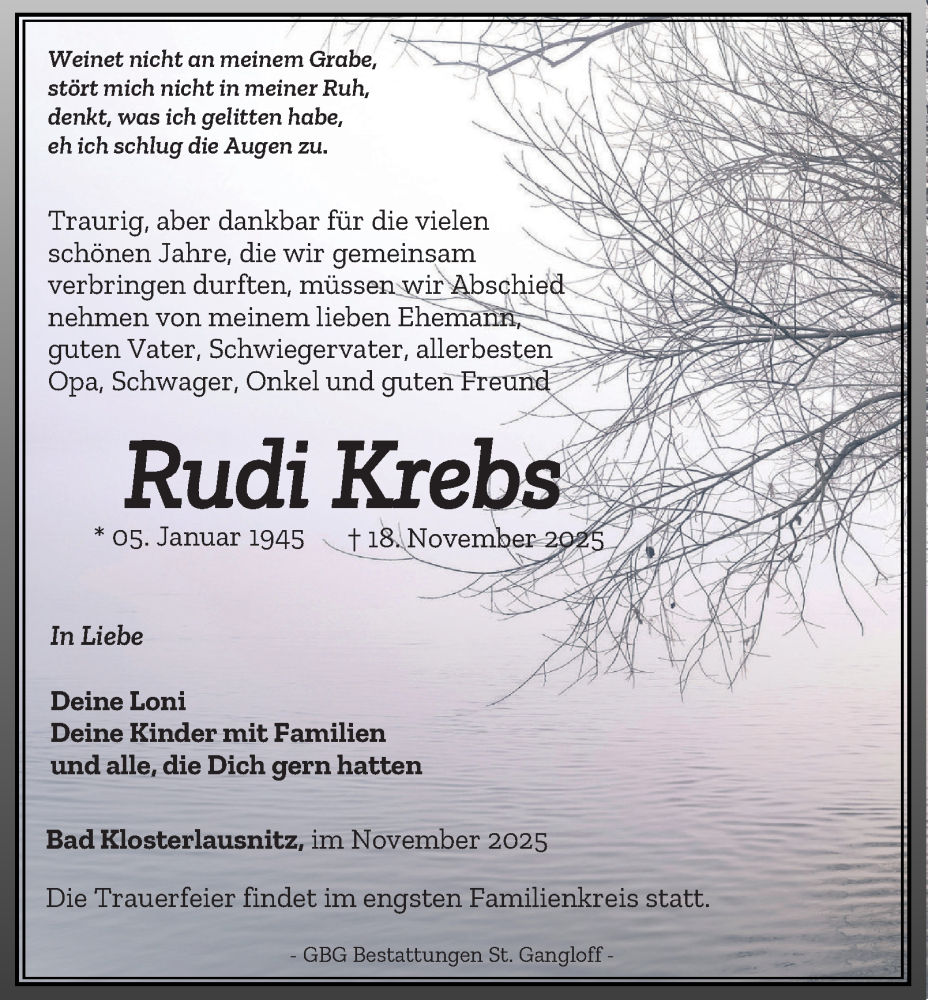  Traueranzeige für Rudi Krebs vom 22.11.2025 aus Ostthüringer Zeitung