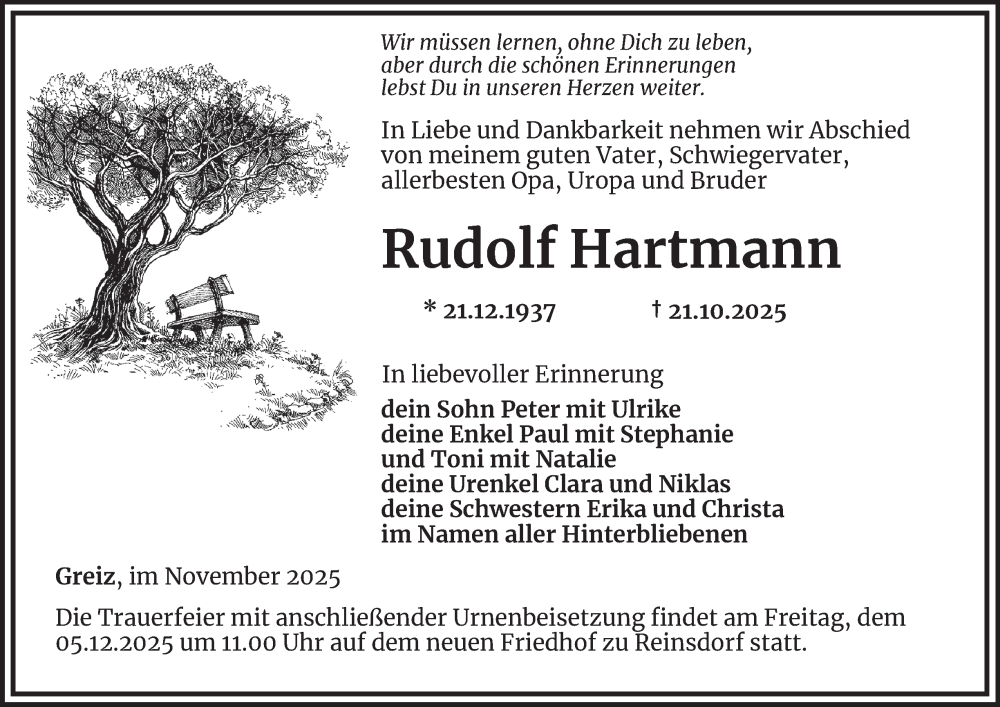  Traueranzeige für Rudolf Hartmann vom 14.11.2025 aus Ostthüringer Zeitung