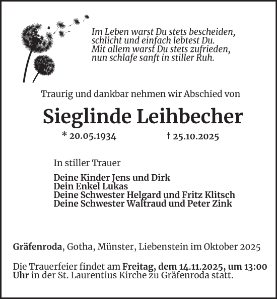 Traueranzeige von Sieglinde Leihbecher von Thüringer Allgemeine