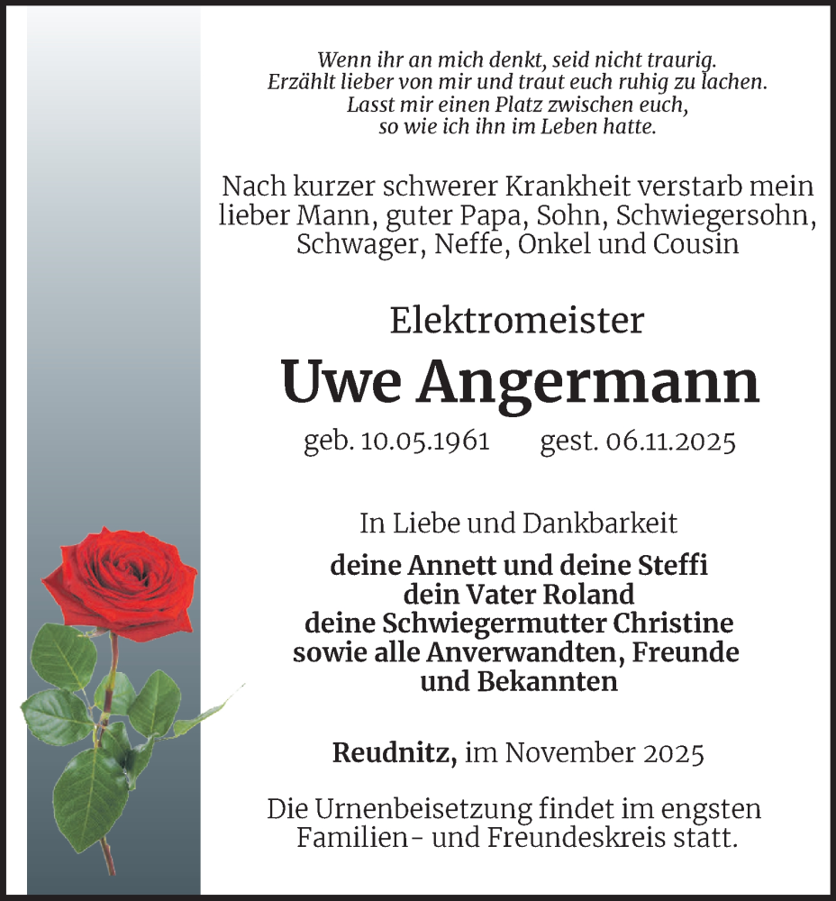  Traueranzeige für Uwe Angermann vom 14.11.2025 aus Ostthüringer Zeitung