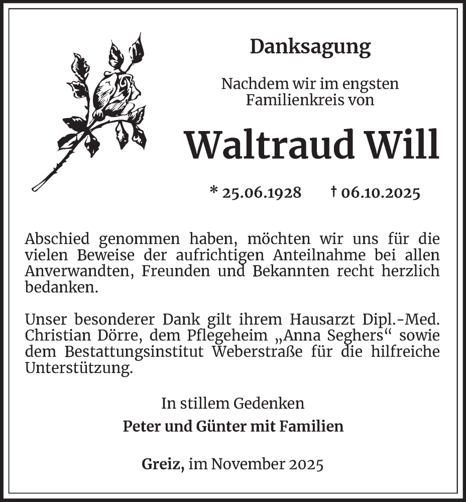  Traueranzeige für Waltraud Will vom 14.11.2025 aus Ostthüringer Zeitung