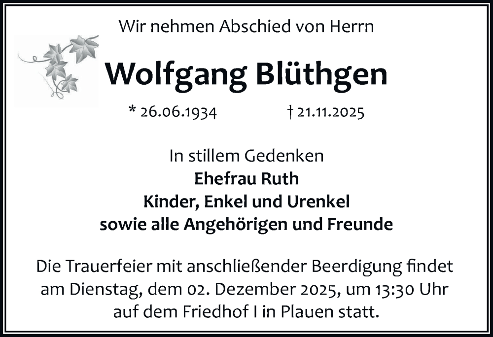  Traueranzeige für Wolfgang Blüthgen vom 28.11.2025 aus Ostthüringer Zeitung