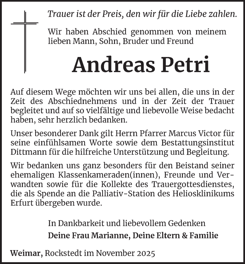  Traueranzeige für Andreas Petri vom 20.12.2025 aus Thüringer Allgemeine
