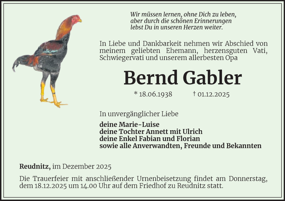  Traueranzeige für Bernd Gabler vom 05.12.2025 aus Ostthüringer Zeitung