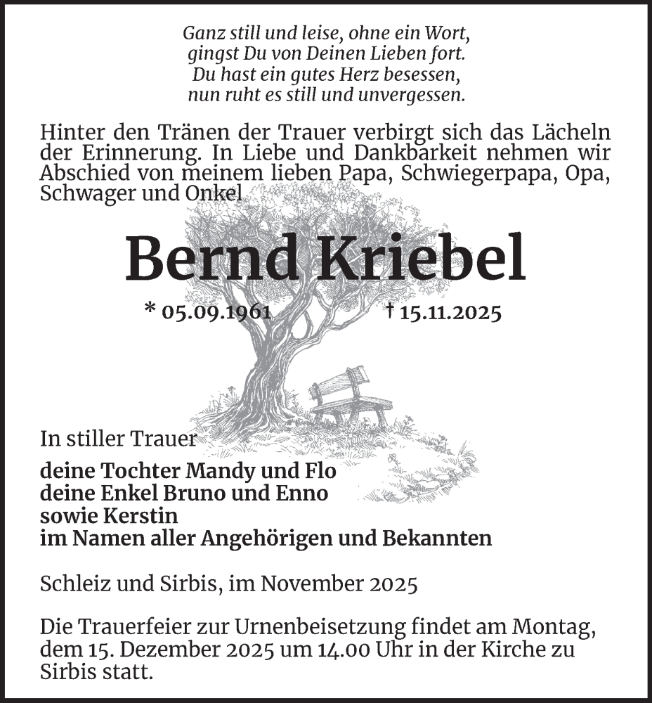  Traueranzeige für Bernd Kriebel vom 06.12.2025 aus Ostthüringer Zeitung