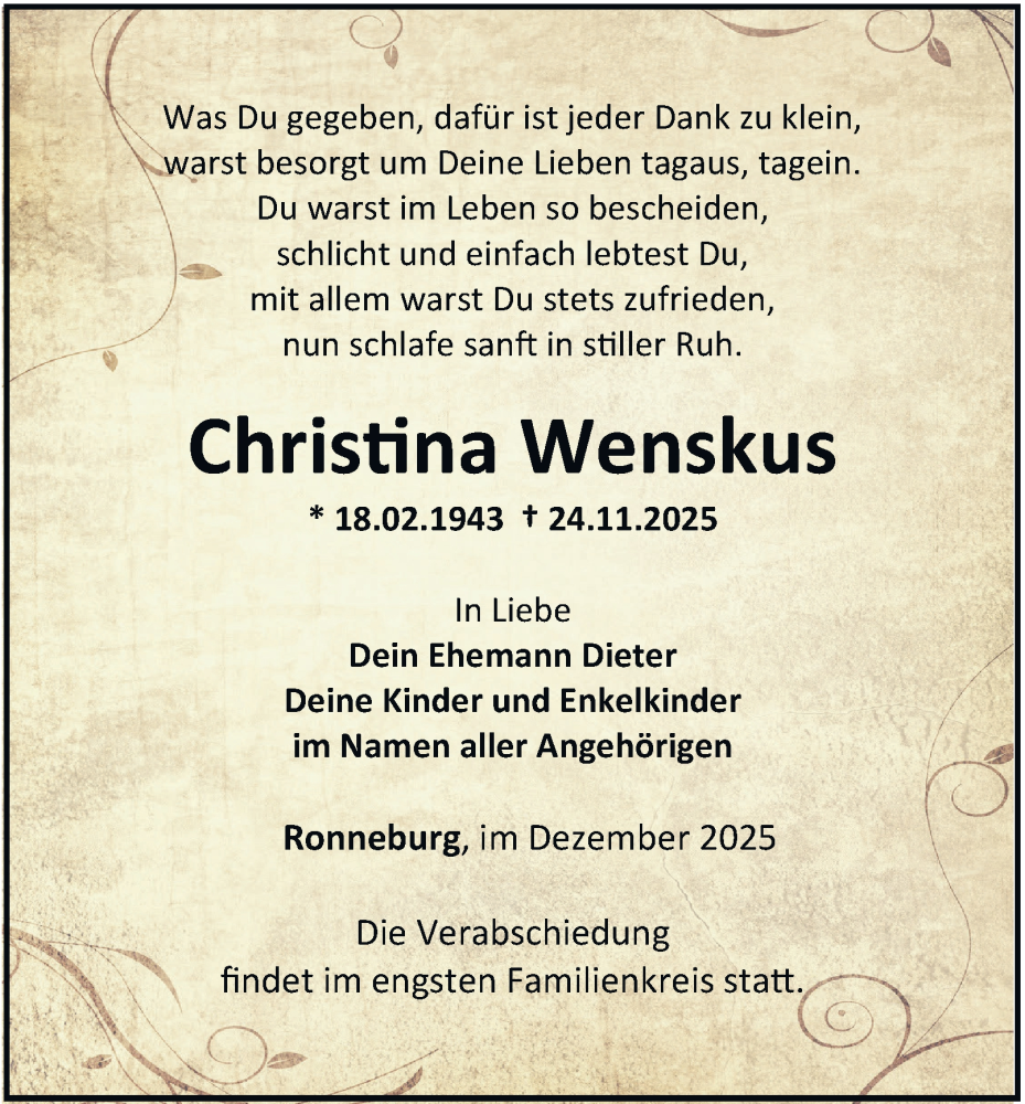  Traueranzeige für Christina Wenskus vom 06.12.2025 aus Ostthüringer Zeitung