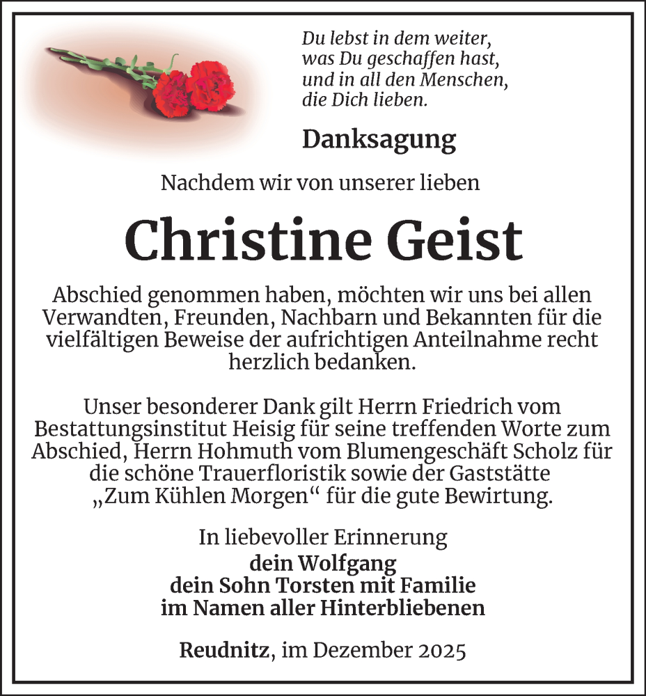  Traueranzeige für Christine Geist vom 05.12.2025 aus Ostthüringer Zeitung