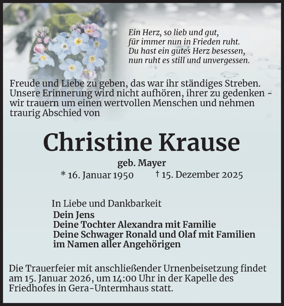  Traueranzeige für Christine Krause vom 20.12.2025 aus Ostthüringer Zeitung