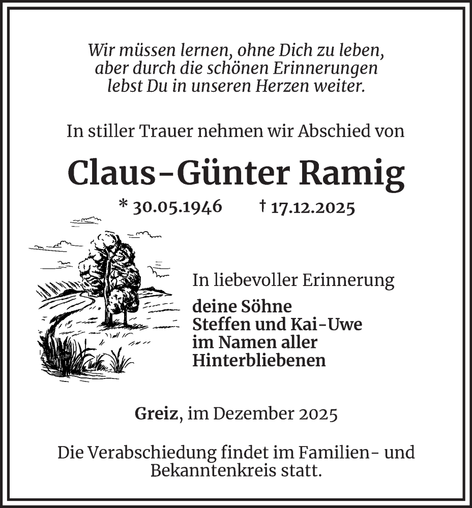  Traueranzeige für Claus-Günter Ramig vom 30.12.2025 aus Ostthüringer Zeitung
