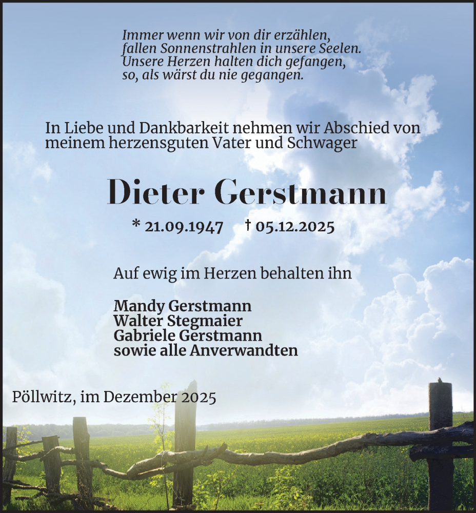  Traueranzeige für Dieter Gerstmann vom 13.12.2025 aus Ostthüringer Zeitung