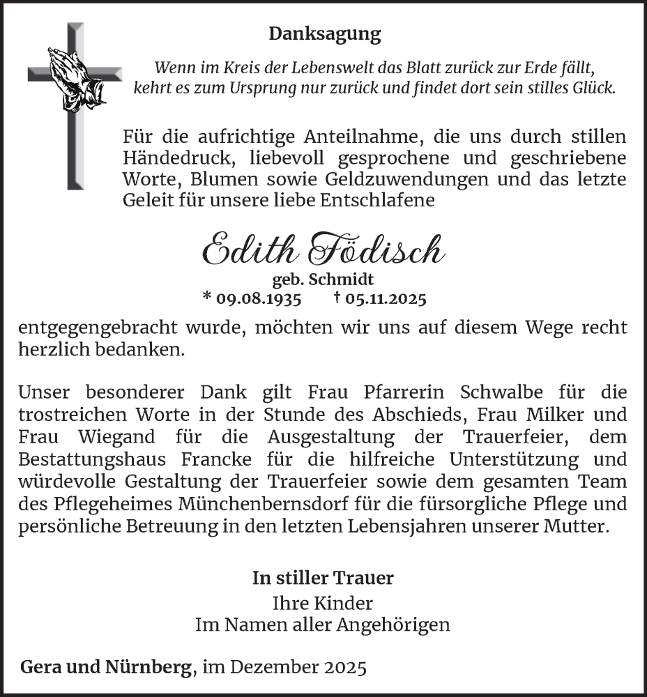 Traueranzeige für Edith Födisch vom 20.12.2025 aus Ostthüringer Zeitung
