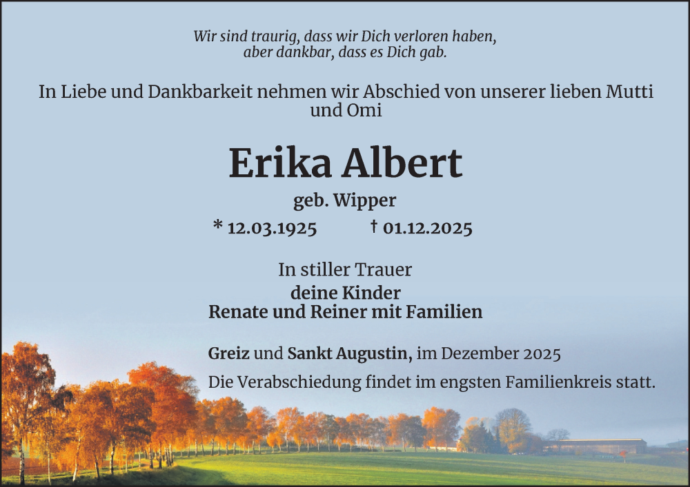  Traueranzeige für Erika Albert vom 12.12.2025 aus Ostthüringer Zeitung