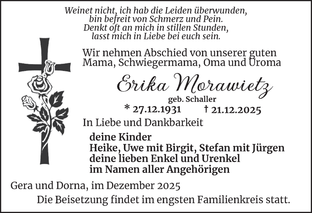  Traueranzeige für Erika Morawietz vom 27.12.2025 aus Ostthüringer Zeitung