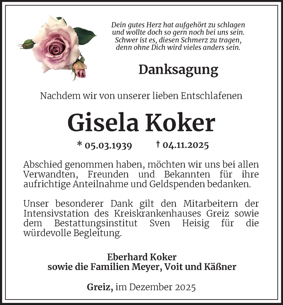  Traueranzeige für Gisela Koker vom 19.12.2025 aus Ostthüringer Zeitung