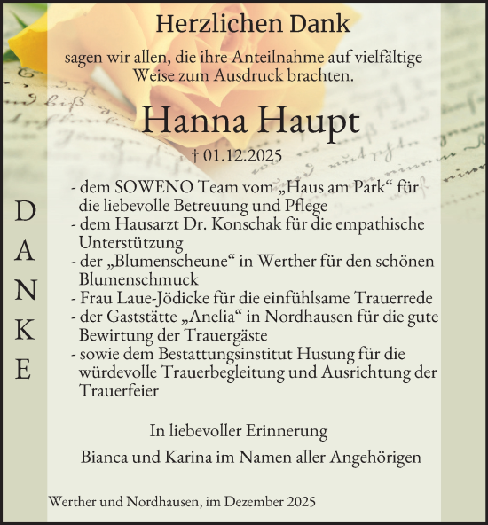 Traueranzeige von Hanna Haupt von Thüringer Allgemeine