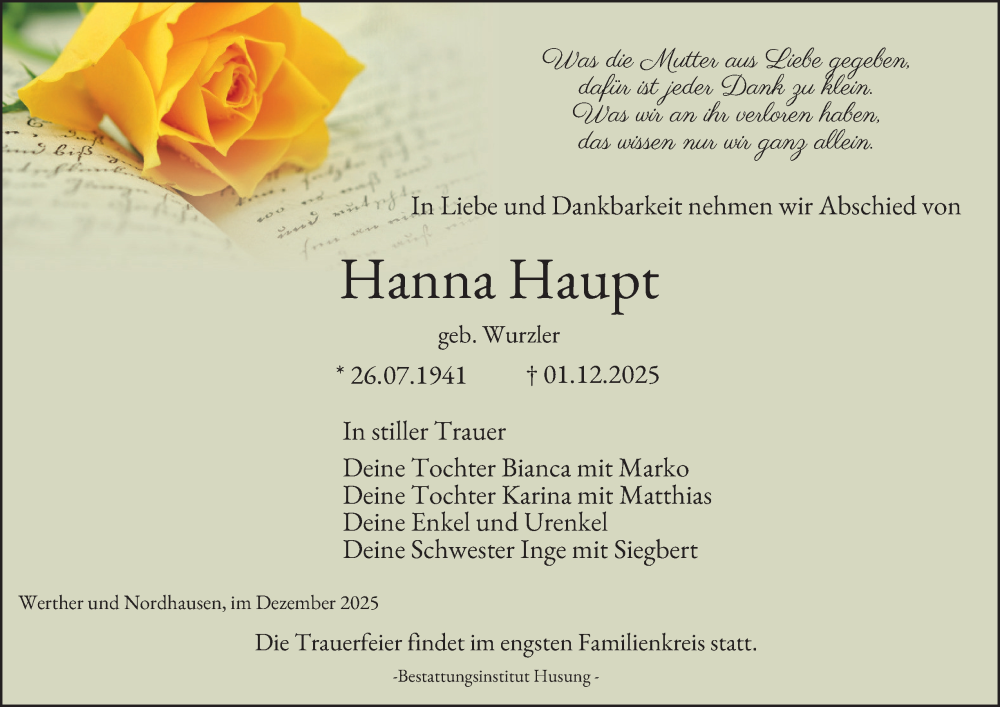  Traueranzeige für Hanna Haupt vom 13.12.2025 aus Thüringer Allgemeine