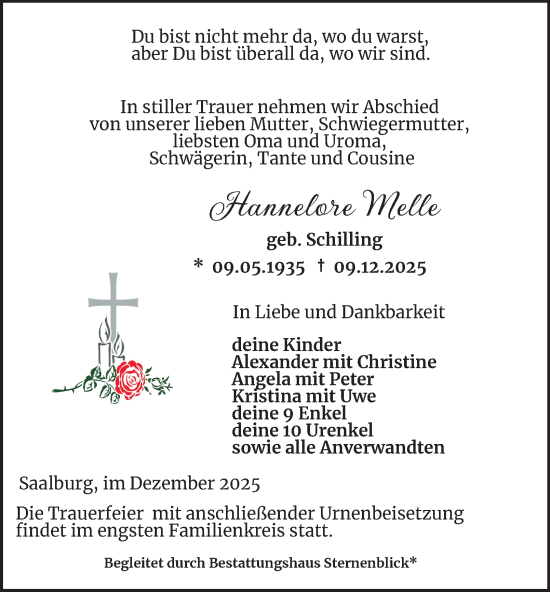 Traueranzeige von Hannelore Melle von Ostthüringer Zeitung