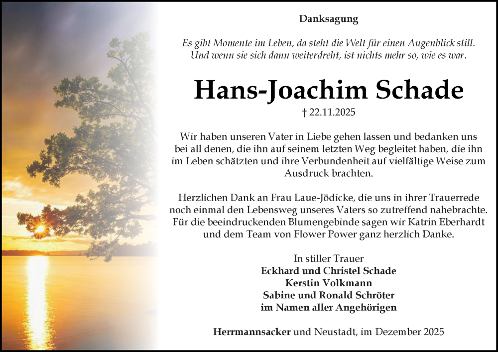  Traueranzeige für Hans-Joachim Schade vom 06.12.2025 aus Thüringer Allgemeine